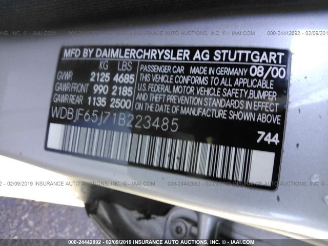 WDBJF65J71B223485 - 2001 MERCEDES-BENZ E 320 SILVER photo 9