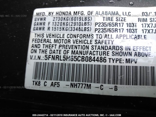 5FNRL5H65CB084486 - 2012 HONDA ODYSSEY EXL GRAY photo 9