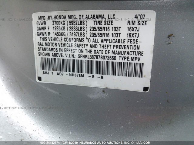 5FNRL38787B072660 - 2007 HONDA ODYSSEY EXL SILVER photo 9