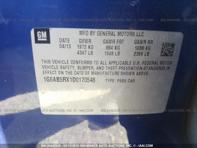 1G6AB5RX1D0170548 - 2013 CADILLAC ATS LUXURY BLUE photo 9