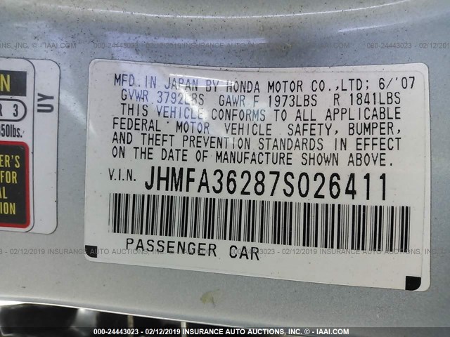 JHMFA36287S026411 - 2007 HONDA CIVIC HYBRID BLUE photo 9