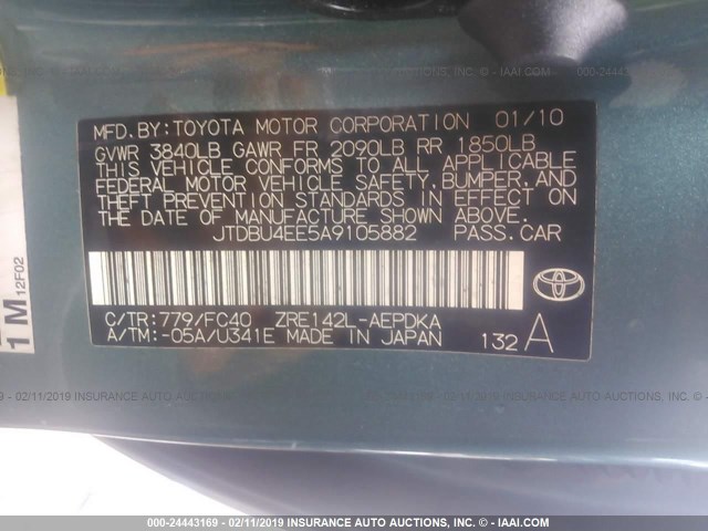 JTDBU4EE5A9105882 - 2010 TOYOTA COROLLA S/LE/XLE GREEN photo 9