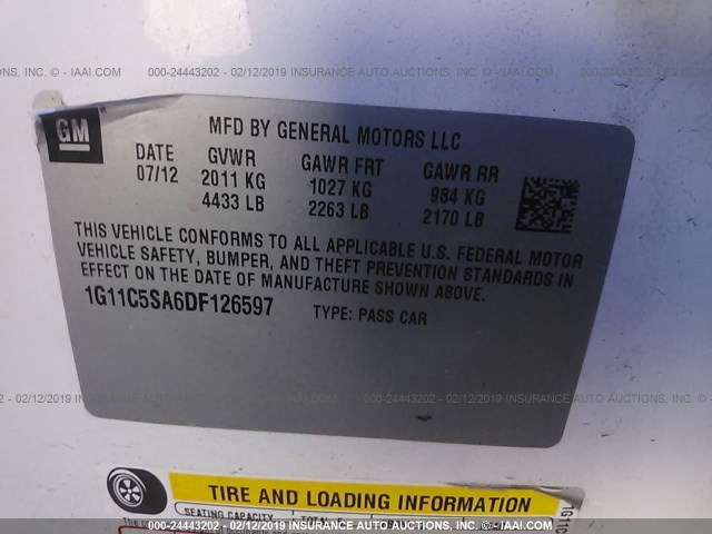 1G11C5SA6DF126597 - 2013 CHEVROLET MALIBU 1LT 白色 照片 9