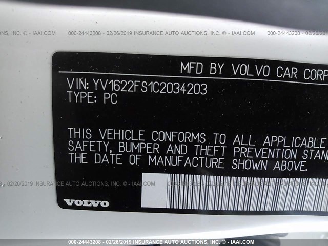 YV1622FS1C2034203 - 2012 VOLVO S60 T5 WHITE photo 9