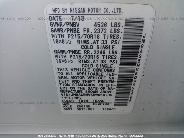 JN8AS5MV5DW654789 - 2013 NISSAN ROGUE S/SV WHITE photo 9