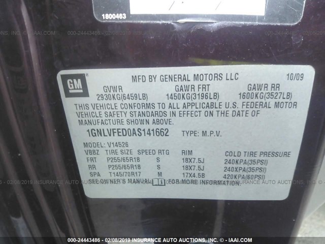 1GNLVFED0AS141662 - 2010 CHEVROLET TRAVERSE LT PURPLE photo 9