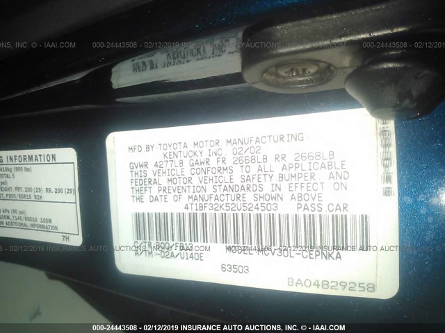 4T1BF32K52U524503 - 2002 TOYOTA CAMRY LE/XLE/SE BLUE photo 9