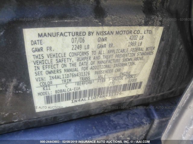 1N4AL11D76N431326 - 2006 NISSAN ALTIMA S/SL GRAY photo 9