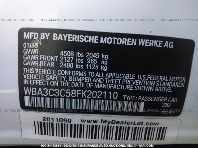 WBA3C3C58FK202110 - 2015 BMW 320 I/XDRIVE WHITE photo 9