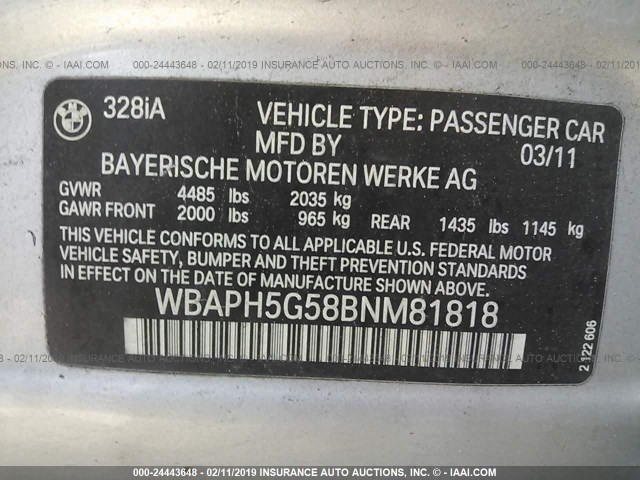 WBAPH5G58BNM81818 - 2011 BMW 328 I SULEV SILVER photo 9