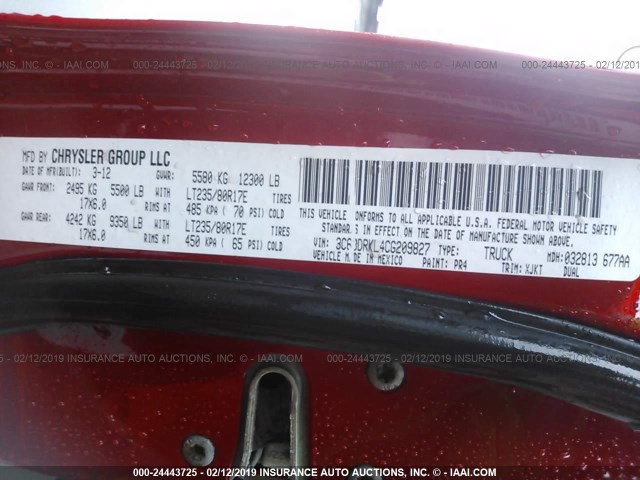 3C63DRKL4CG209827 - 2012 DODGE RAM 3500 LONGHORN RED photo 9