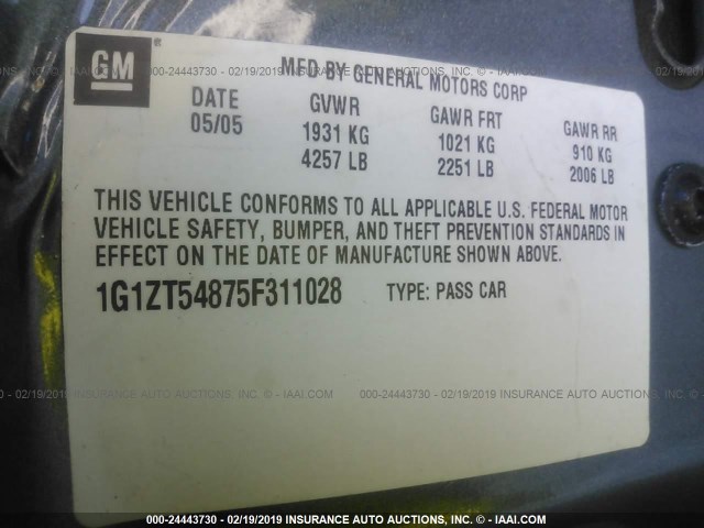 1G1ZT54875F311028 - 2005 CHEVROLET MALIBU LS Boz foto 9