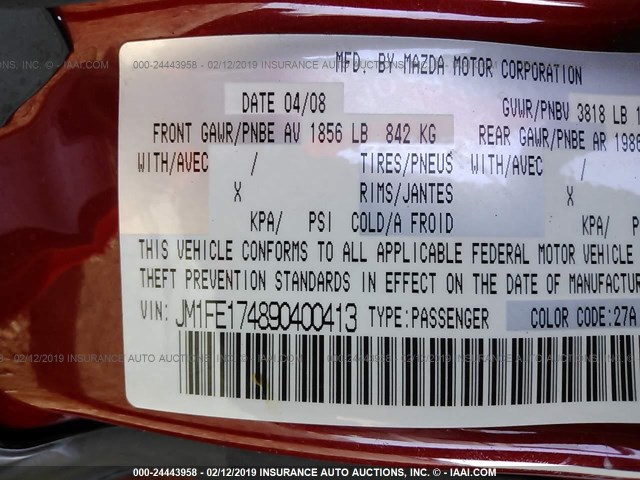 JM1FE174890400413 - 2009 MAZDA RX8 红色 照片 9