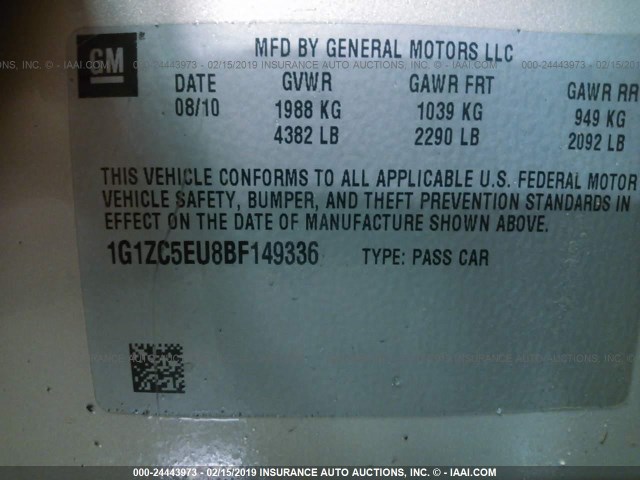 1G1ZC5EU8BF149336 - 2011 CHEVROLET MALIBU 1LT BROWN photo 9