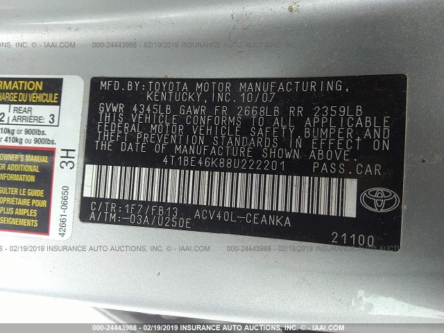 4T1BE46K88U222201 - 2008 TOYOTA CAMRY CE/LE/XLE/SE SILVER photo 9