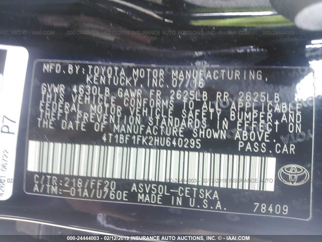 4T1BF1FK2HU640295 - 2017 TOYOTA CAMRY LE/XLE/SE/XSE BLACK photo 9