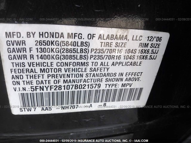 5FNYF28107B021579 - 2007 HONDA PILOT LX BLACK photo 9