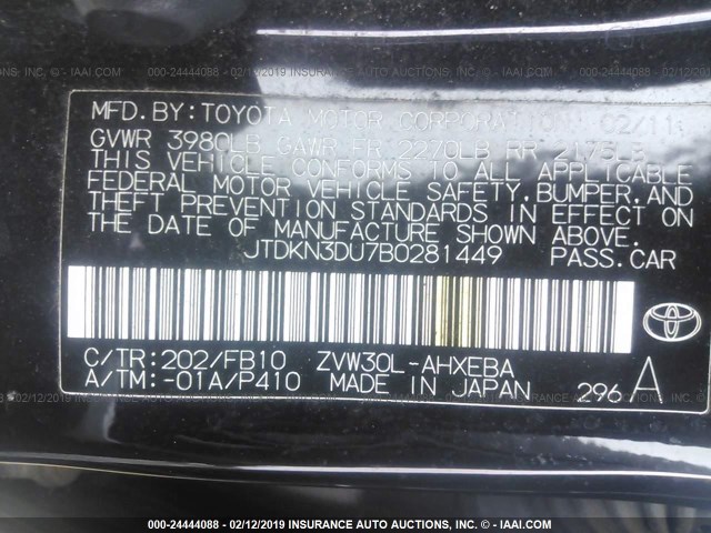 JTDKN3DU7B0281449 - 2011 TOYOTA PRIUS 黑色 照片 9