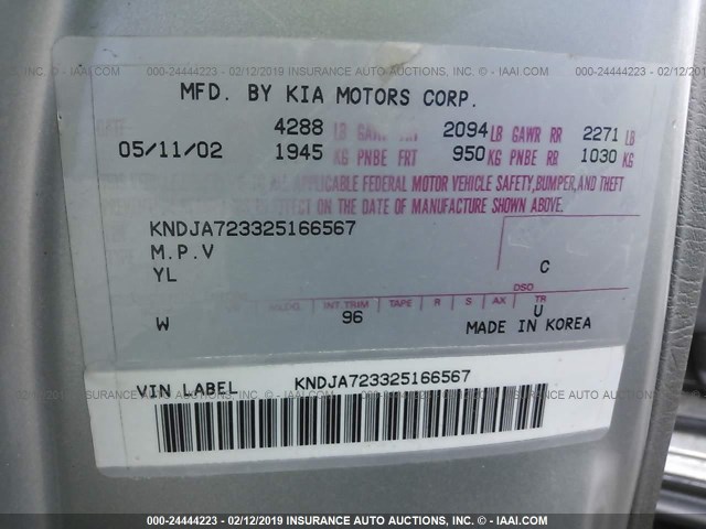 KNDJA723325166567 - 2002 KIA SPORTAGE SILVER photo 9