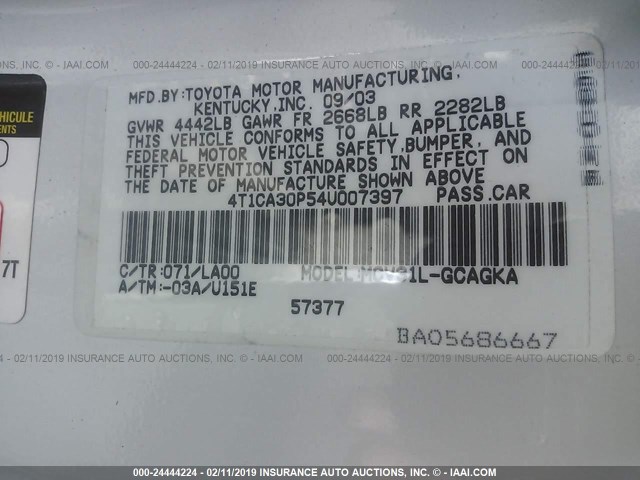 4T1CA30P54U007397 - 2004 TOYOTA CAMRY SOLARA SE/SLE WHITE photo 9