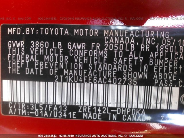 2T1KU4EE6AC402735 - 2010 TOYOTA COROLLA MATRIX  RED photo 9