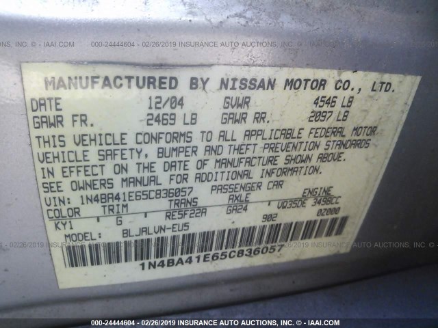 1N4BA41E65C836057 - 2005 NISSAN MAXIMA SE/SL SILVER photo 9