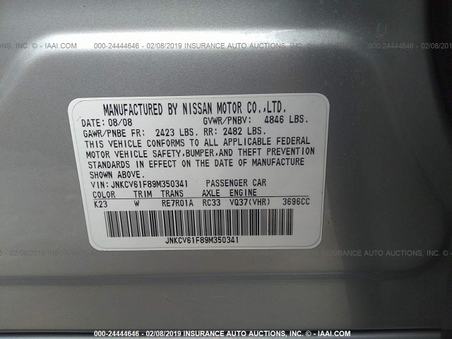 JNKCV61F89M350341 - 2009 INFINITI G37 SILVER photo 9