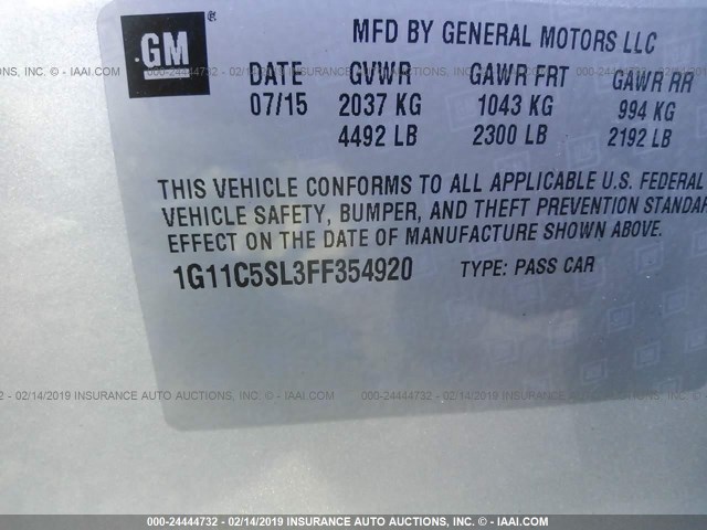 1G11C5SL3FF354920 - 2015 CHEVROLET MALIBU 1LT ვერცხლისფერი ფოტო 9