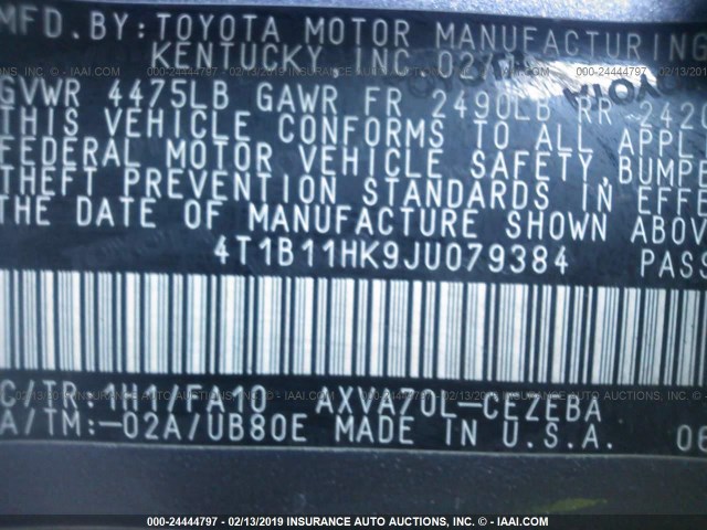 4T1B11HK9JU079384 - 2018 TOYOTA CAMRY L/LE/XLE/SE/XSE GRAY photo 9