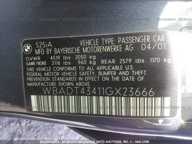 WBADT43411GX23666 - 2001 BMW 525 I AUTOMATIC GRAY photo 9