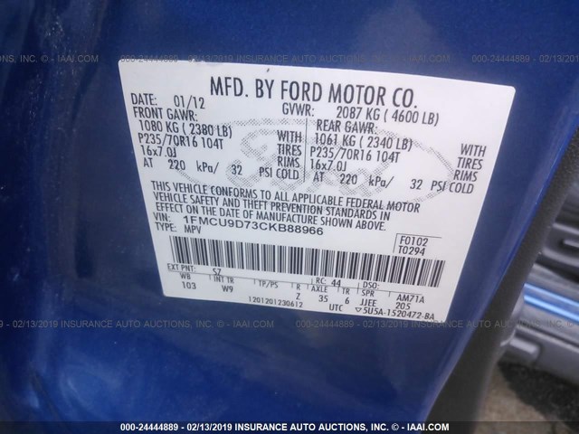 1FMCU9D73CKB88966 - 2012 FORD ESCAPE XLT BLUE photo 9