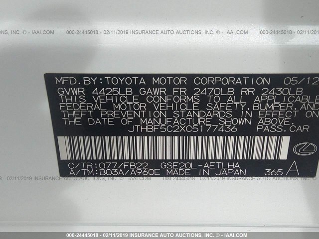 JTHBF5C2XC5177436 - 2012 LEXUS IS 250 WHITE photo 9