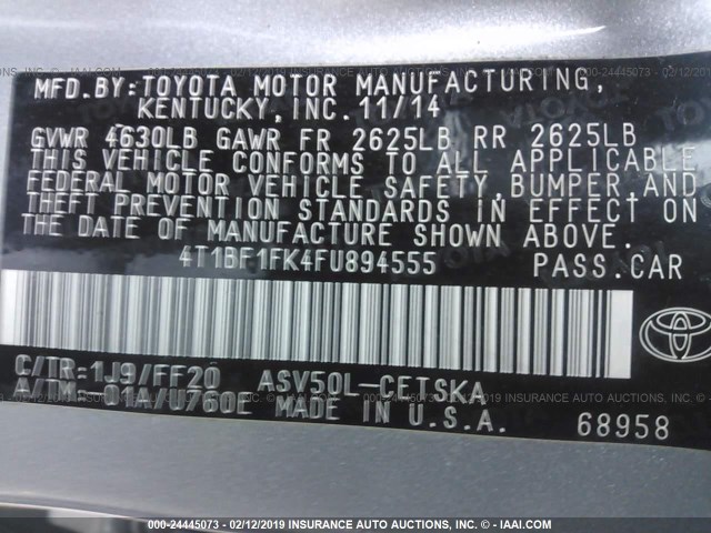 4T1BF1FK4FU894555 - 2015 TOYOTA CAMRY LE/XLE/SE/XSE 银色 照片 9