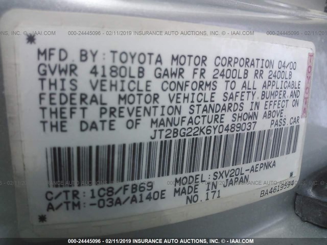 JT2BG22K6Y0489037 - 2000 TOYOTA CAMRY CE/LE/XLE SILVER photo 9