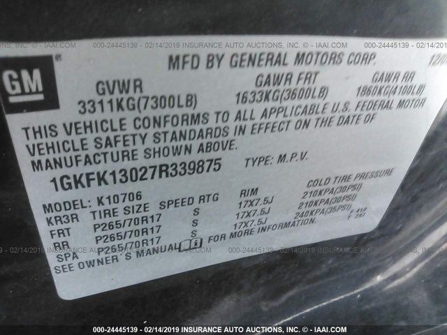 1GKFK13027R339875 - 2007 GMC YUKON BLACK photo 9