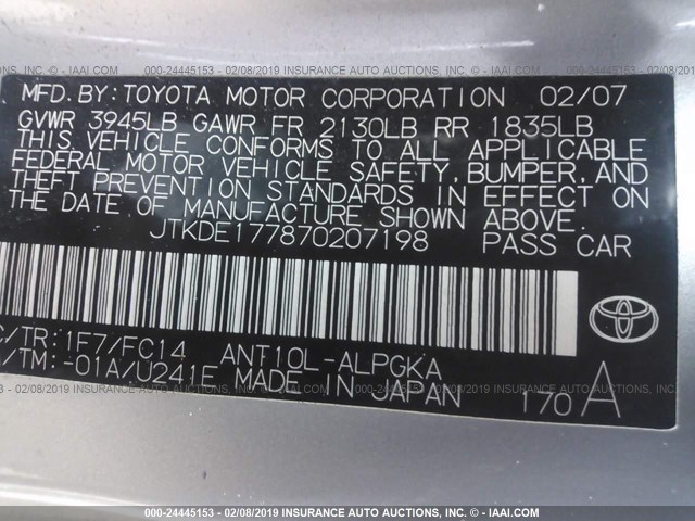 JTKDE177870207198 - 2007 TOYOTA SCION TC ვერცხლისფერი ფოტო 9