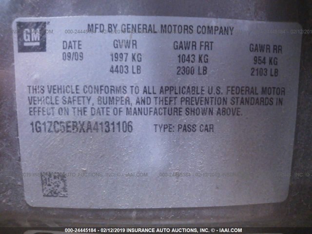 1G1ZC5EBXA4131106 - 2010 CHEVROLET MALIBU 1LT GRAY photo 9