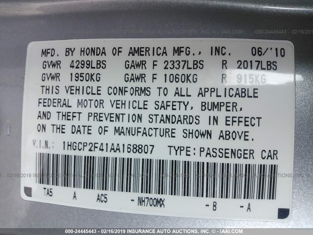 1HGCP2F41AA168807 - 2010 HONDA ACCORD LXP SILVER photo 9