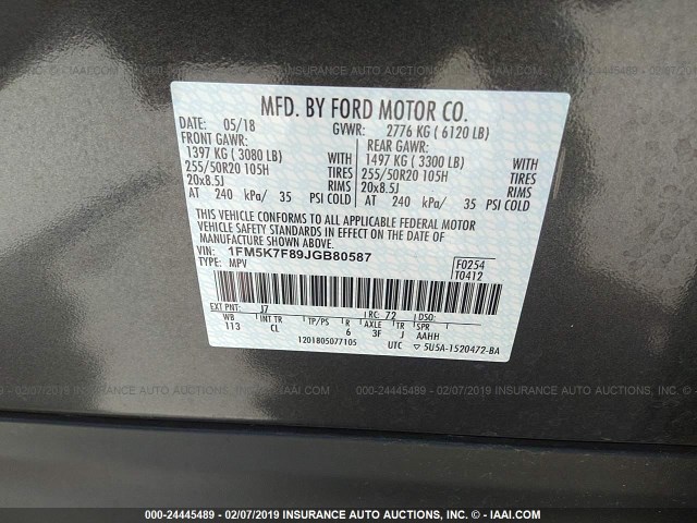 1FM5K7F89JGB80587 - 2018 FORD EXPLORER LIMITED GRAY photo 9