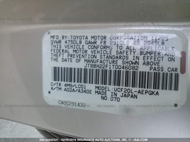 JT8BH22F1T0046082 - 1996 LEXUS LS 400 GOLD photo 9