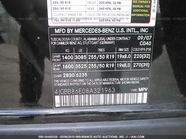 4JGBB86E08A321963 - 2008 MERCEDES-BENZ ML 350 BLACK photo 9