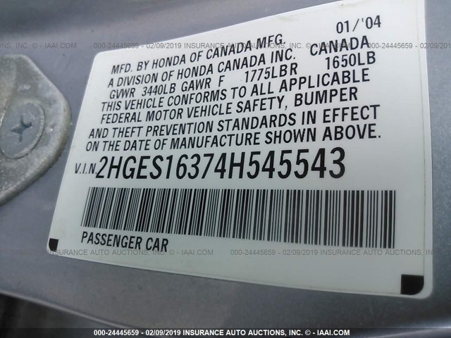 2HGES16374H545543 - 2004 HONDA CIVIC DX VP Gümüş foto 9