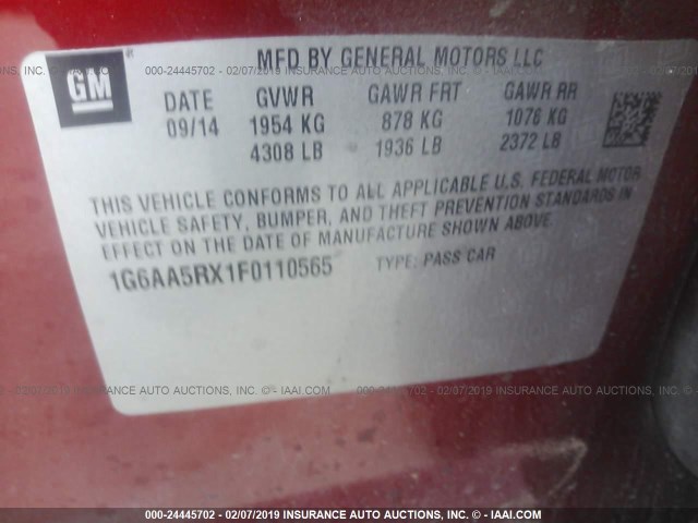 1G6AA5RX1F0110565 - 2015 CADILLAC ATS RED photo 9