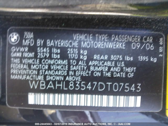 WBAHL83547DT07543 - 2007 BMW 750 BLACK photo 9