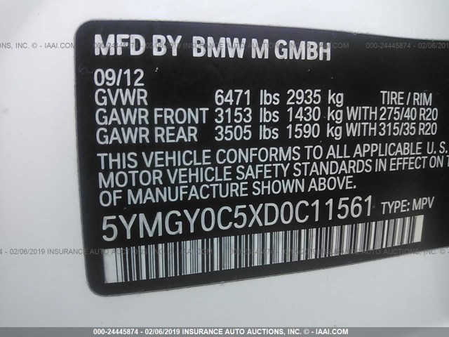 5YMGY0C5XD0C11561 - 2013 BMW X5 M WHITE photo 9