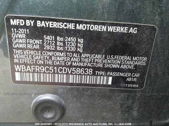 WBAFR9C51CDV58638 - 2012 BMW 550 I BLACK photo 9
