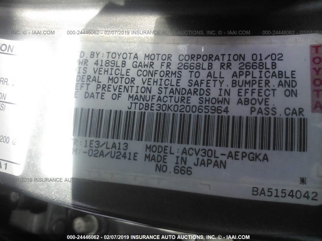 JTDBE30K020065964 - 2002 TOYOTA CAMRY LE/XLE/SE GRAY photo 9