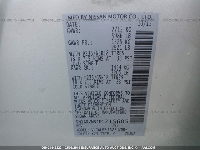 5N1AR2MN4FC715605 - 2015 NISSAN PATHFINDER S/SV/SL/PLATINUM SILVER photo 9