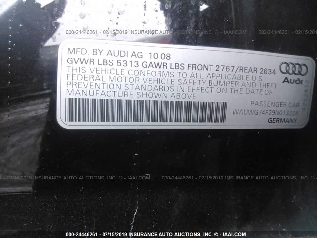 WAUWG74F29N013228 - 2009 AUDI A6 QUATTRO BLACK photo 9