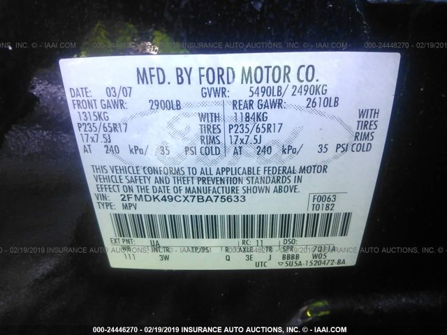 2FMDK49CX7BA75633 - 2007 FORD EDGE SEL PLUS BLACK photo 9